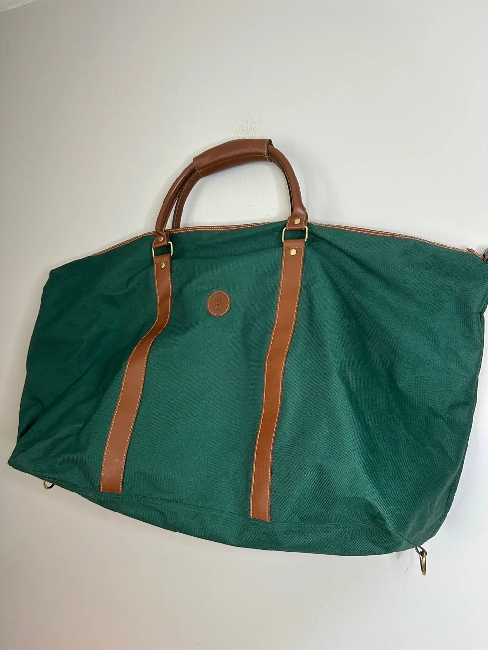 Ralph Lauren Green Canvas Weekender Bag with Brown Faux Leather Trim